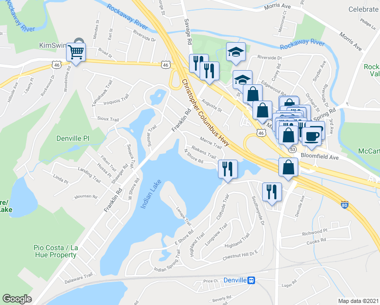 map of restaurants, bars, coffee shops, grocery stores, and more near 40 North Shore Road in Denville
