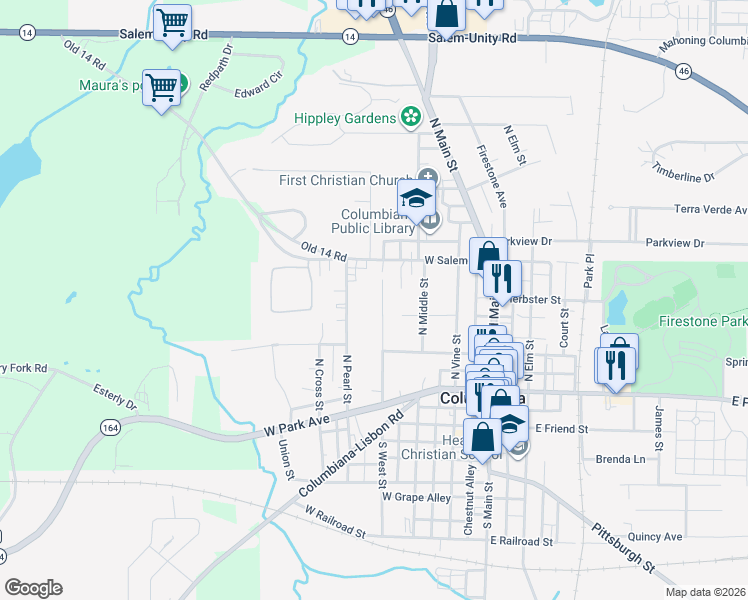 map of restaurants, bars, coffee shops, grocery stores, and more near 155 North West Street in Columbiana