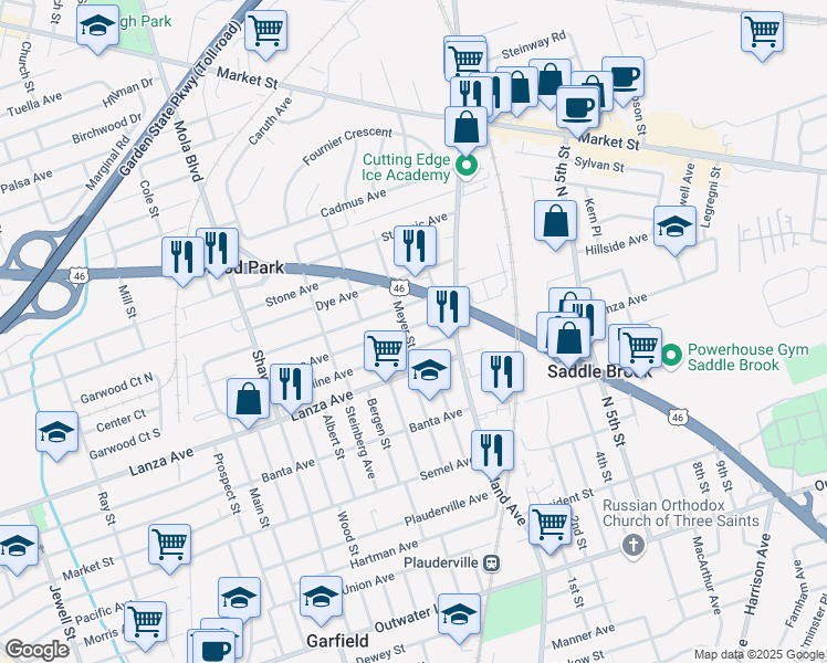 map of restaurants, bars, coffee shops, grocery stores, and more near 488 Grace Avenue in Garfield