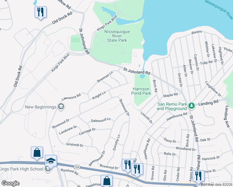 map of restaurants, bars, coffee shops, grocery stores, and more near 101 Boxwood Drive in Kings Park