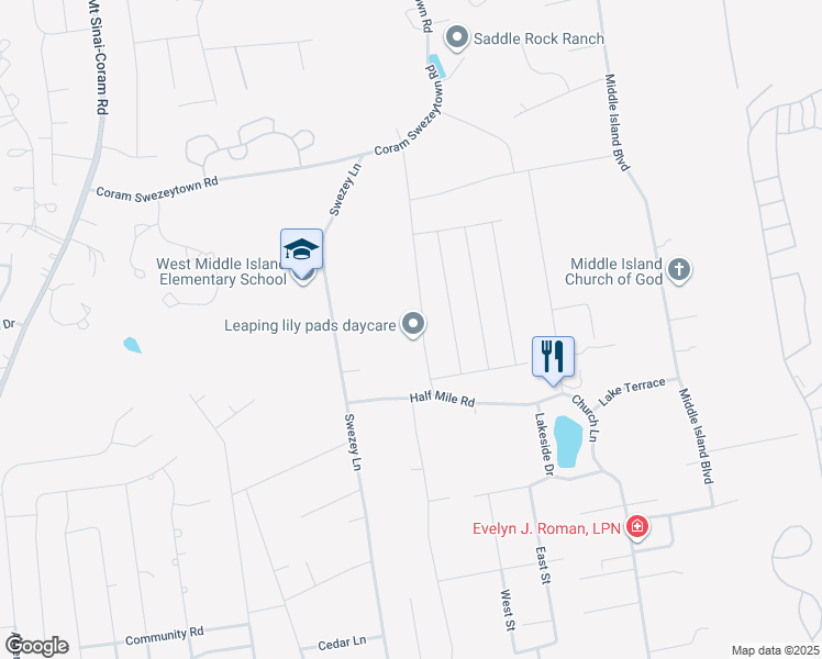 map of restaurants, bars, coffee shops, grocery stores, and more near 40 North Swezeytown Road in Middle Island