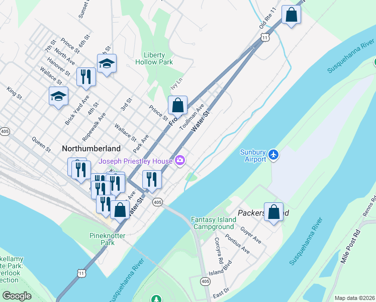 map of restaurants, bars, coffee shops, grocery stores, and more near Burkenbine Avenue in Northumberland