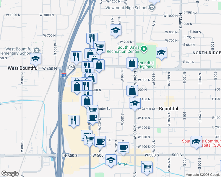 map of restaurants, bars, coffee shops, grocery stores, and more near 404 West 200 North in Bountiful
