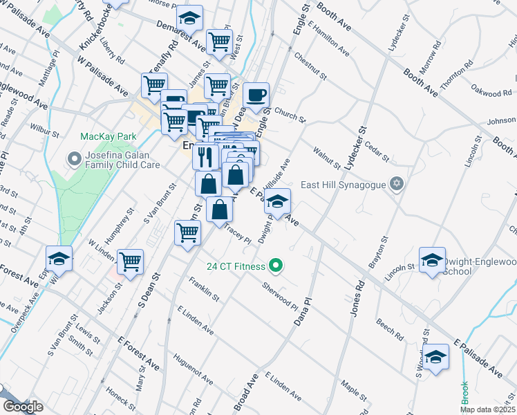 map of restaurants, bars, coffee shops, grocery stores, and more near 100 East Palisade Avenue in Englewood