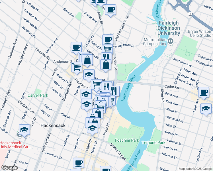 map of restaurants, bars, coffee shops, grocery stores, and more near 409 Main Street in Hackensack