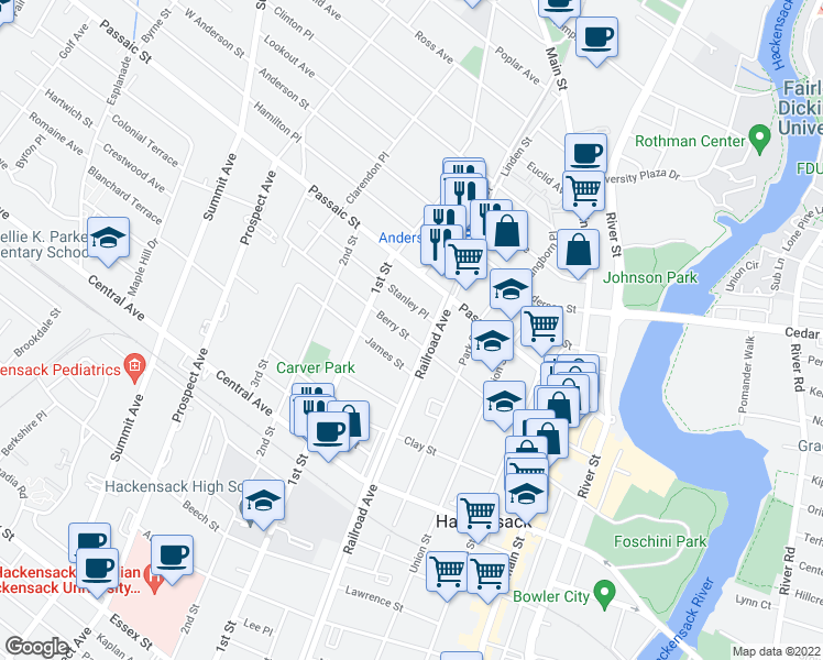 map of restaurants, bars, coffee shops, grocery stores, and more near 170 Berry Street in Hackensack