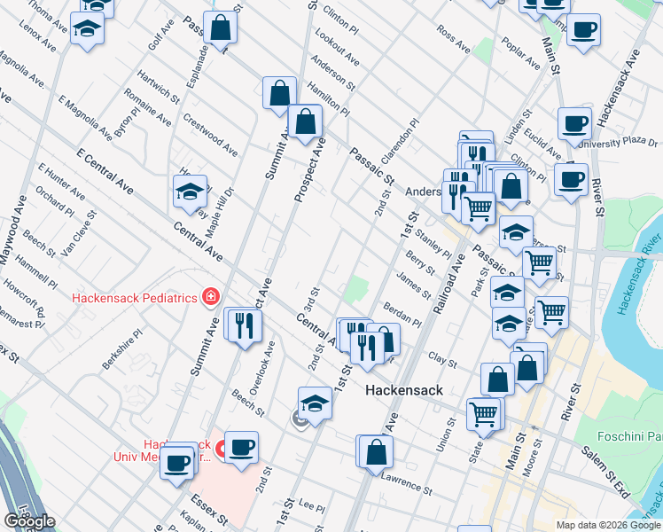 map of restaurants, bars, coffee shops, grocery stores, and more near 279 3rd Street in Hackensack