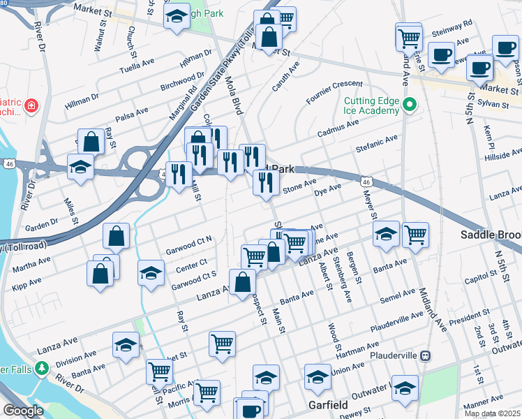 map of restaurants, bars, coffee shops, grocery stores, and more near 336 Kipp Avenue in Elmwood Park