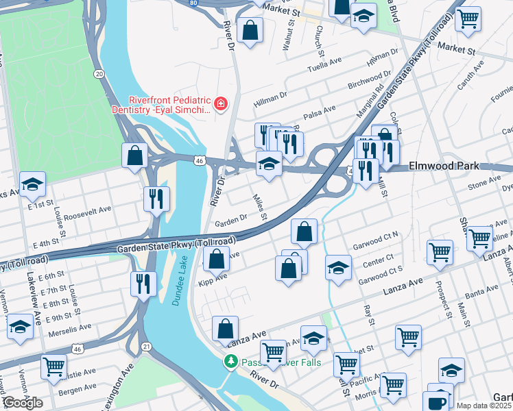 map of restaurants, bars, coffee shops, grocery stores, and more near 24 Gantner Avenue in Elmwood Park