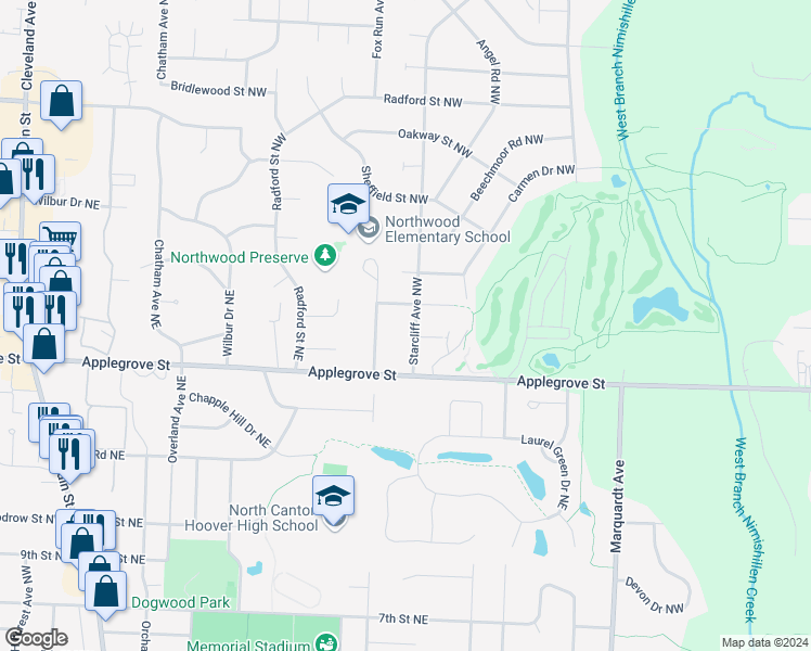 map of restaurants, bars, coffee shops, grocery stores, and more near 7155 Starcliff Avenue Northwest in North Canton