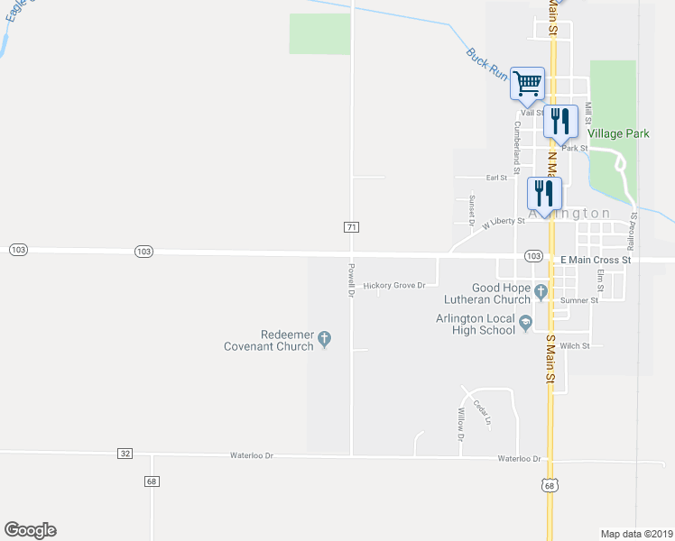 map of restaurants, bars, coffee shops, grocery stores, and more near 100 Powell Drive in Arlington