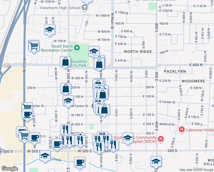 map of restaurants, bars, coffee shops, grocery stores, and more near 55 East 200 North in Bountiful