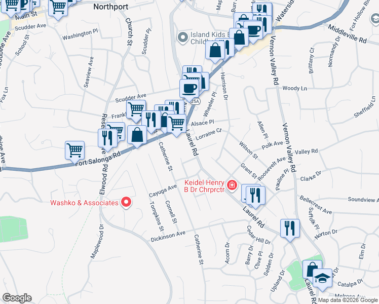 map of restaurants, bars, coffee shops, grocery stores, and more near 307 Laurel Rd in Northport