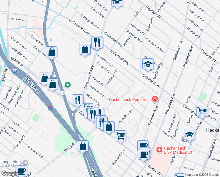 map of restaurants, bars, coffee shops, grocery stores, and more near 92 Beech Street in Maywood