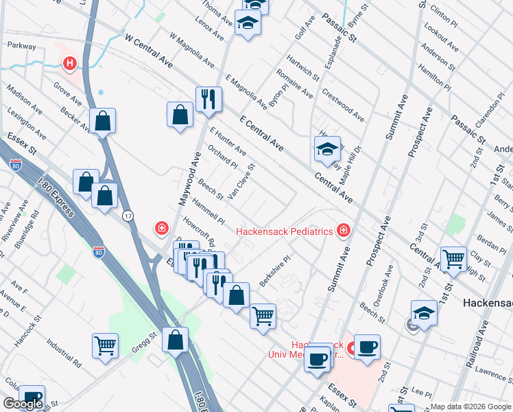 map of restaurants, bars, coffee shops, grocery stores, and more near 163 Ward Street in Maywood