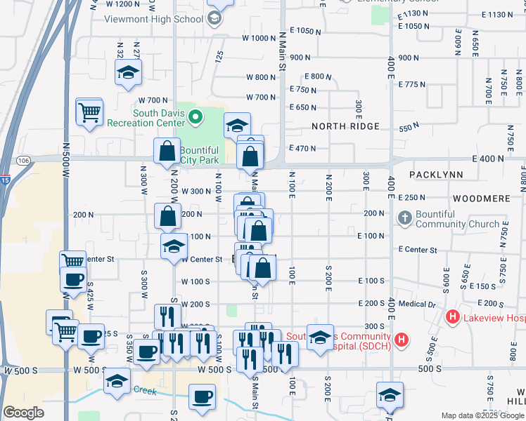 map of restaurants, bars, coffee shops, grocery stores, and more near 41 East 200 North in Bountiful