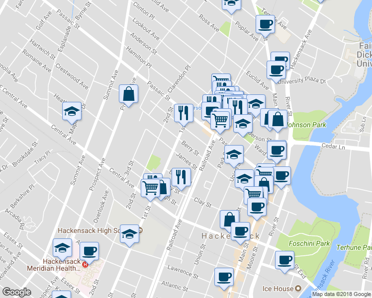 map of restaurants, bars, coffee shops, grocery stores, and more near 195 Berry Street in Hackensack