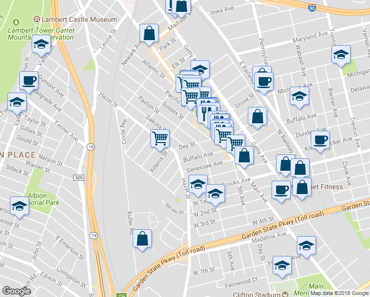 map of restaurants, bars, coffee shops, grocery stores, and more near 22 Dey Street in Paterson