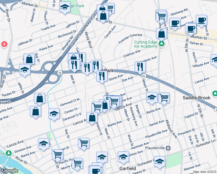 map of restaurants, bars, coffee shops, grocery stores, and more near in Garfield