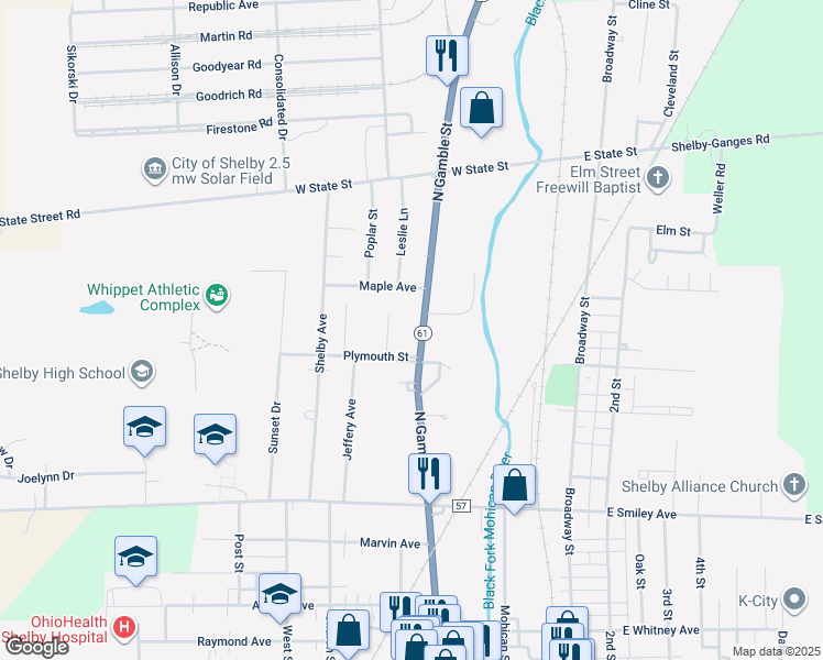 map of restaurants, bars, coffee shops, grocery stores, and more near 128 North Gamble Street in Shelby