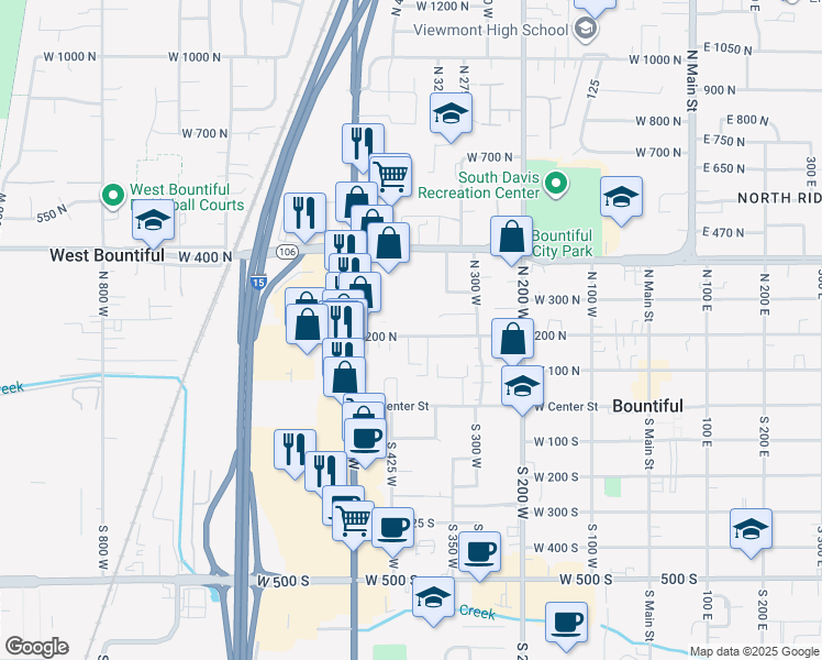 map of restaurants, bars, coffee shops, grocery stores, and more near 404 West 200 North in Bountiful