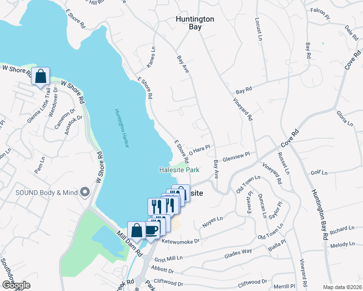 map of restaurants, bars, coffee shops, grocery stores, and more near 50 East Shore Road in Halesite