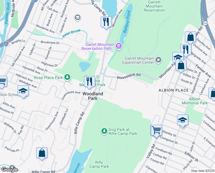 map of restaurants, bars, coffee shops, grocery stores, and more near 19 Park Drive in Woodland Park