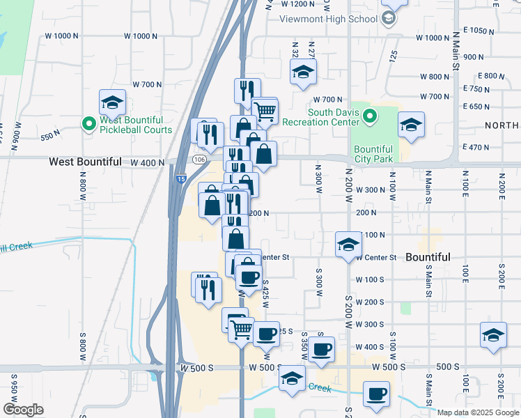 map of restaurants, bars, coffee shops, grocery stores, and more near 458 West 200 North in Bountiful