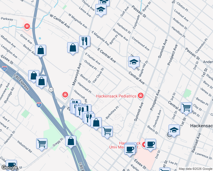 map of restaurants, bars, coffee shops, grocery stores, and more near 163 Ward Street in Maywood