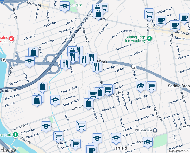 map of restaurants, bars, coffee shops, grocery stores, and more near 336 Kipp Avenue in Elmwood Park