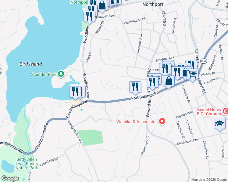 map of restaurants, bars, coffee shops, grocery stores, and more near 61 Lisa Drive in Northport