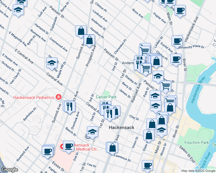 map of restaurants, bars, coffee shops, grocery stores, and more near 307 2nd Street in Hackensack