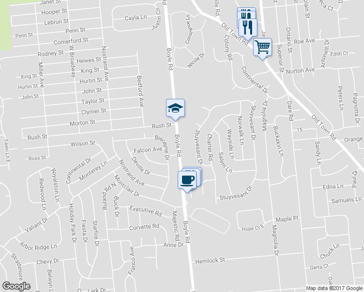 map of restaurants, bars, coffee shops, grocery stores, and more near 411 Boyle Road in Selden
