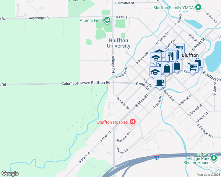 map of restaurants, bars, coffee shops, grocery stores, and more near 183 West Kibler Street in Bluffton