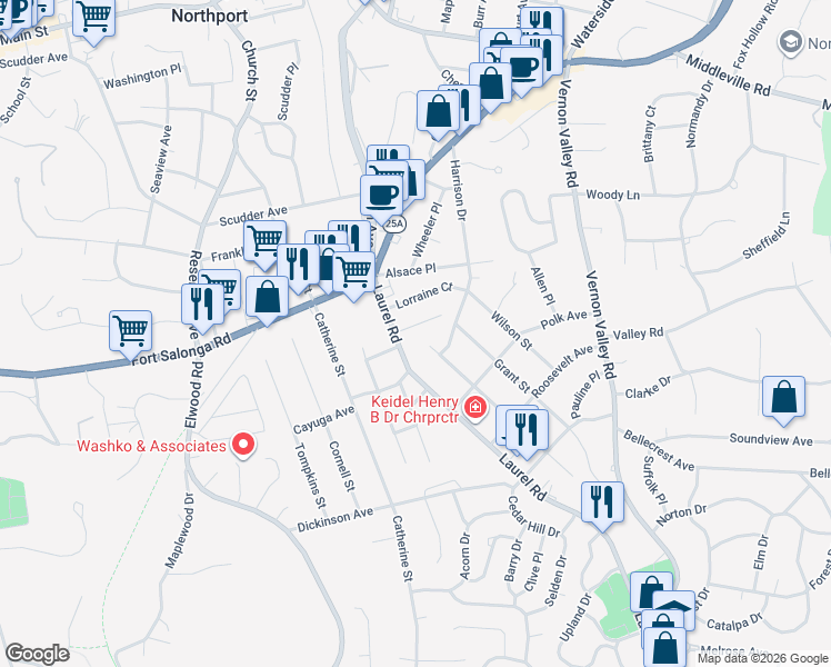map of restaurants, bars, coffee shops, grocery stores, and more near 6 Warren Court in Northport