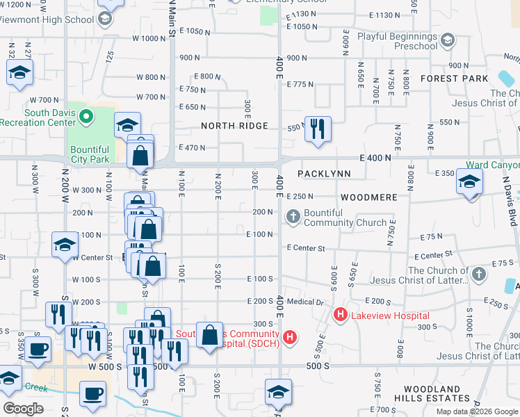 map of restaurants, bars, coffee shops, grocery stores, and more near 371 East 200 North in Bountiful