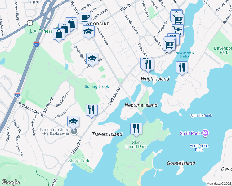 map of restaurants, bars, coffee shops, grocery stores, and more near 620 Pelham Road in New Rochelle