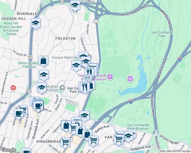 map of restaurants, bars, coffee shops, grocery stores, and more near 6027 Broadway in Bronx