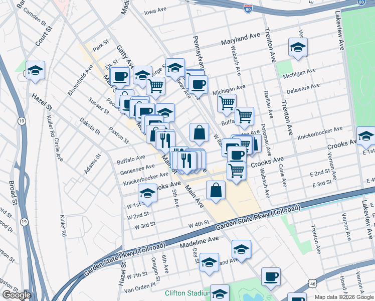 map of restaurants, bars, coffee shops, grocery stores, and more near 135 Genessee Avenue in Paterson