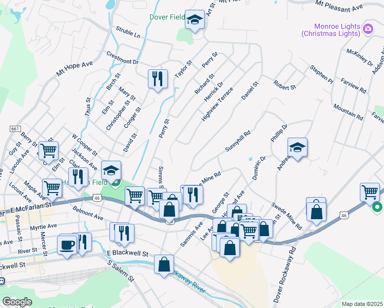 map of restaurants, bars, coffee shops, grocery stores, and more near 303 Daniel Street in Dover