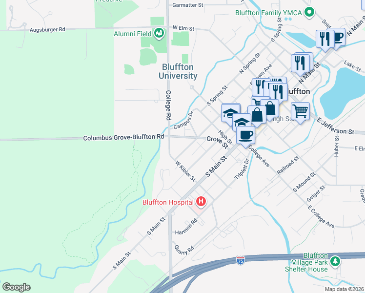 map of restaurants, bars, coffee shops, grocery stores, and more near 183 West Kibler Street in Bluffton