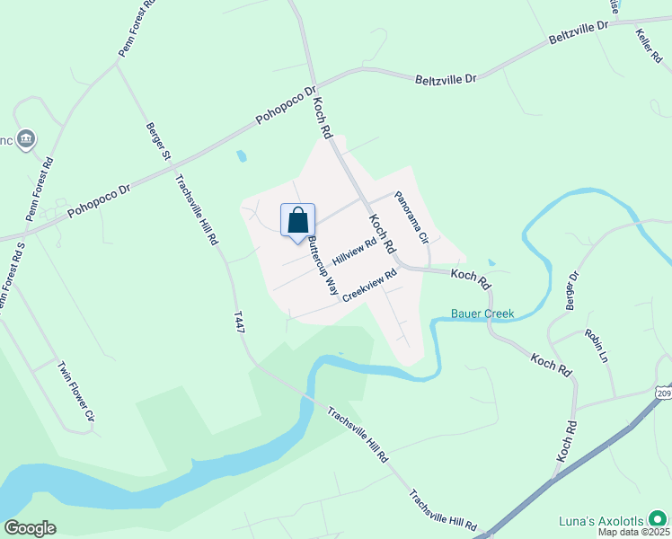map of restaurants, bars, coffee shops, grocery stores, and more near 125 Hillview Road in Kunkletown