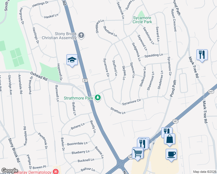 map of restaurants, bars, coffee shops, grocery stores, and more near 11 Sycamore Drive in Stony Brook