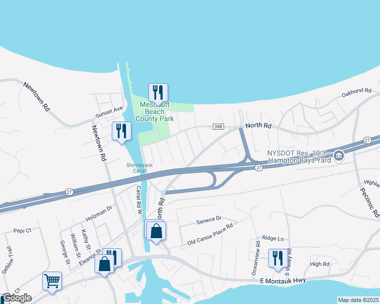 map of restaurants, bars, coffee shops, grocery stores, and more near 14 Madison Avenue in Hampton Bays