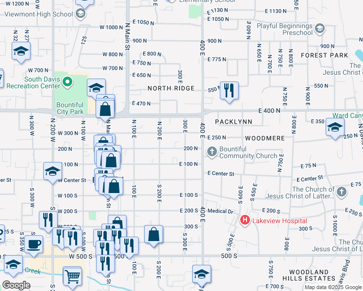 map of restaurants, bars, coffee shops, grocery stores, and more near 291 East 200 North in Bountiful
