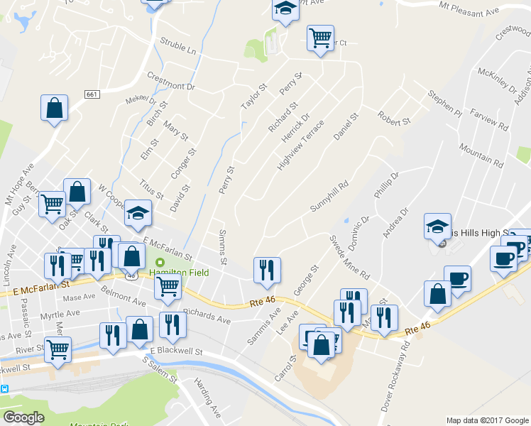 map of restaurants, bars, coffee shops, grocery stores, and more near 303 Daniel Street in Dover