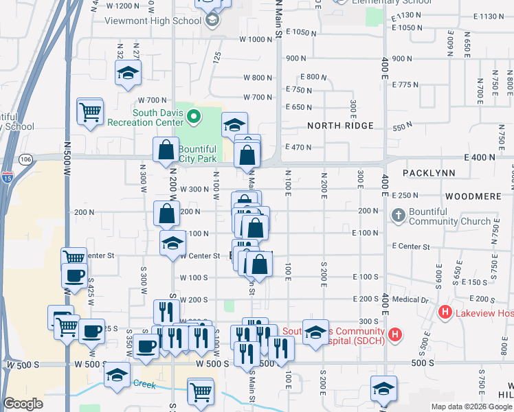 map of restaurants, bars, coffee shops, grocery stores, and more near 220 North Main Street in Bountiful
