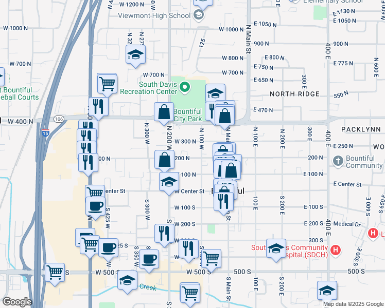 map of restaurants, bars, coffee shops, grocery stores, and more near 106 West 200 North in Bountiful