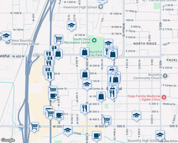 map of restaurants, bars, coffee shops, grocery stores, and more near 172 West 200 North in Bountiful