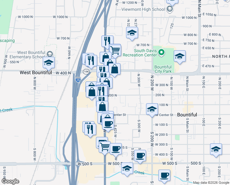 map of restaurants, bars, coffee shops, grocery stores, and more near 458 West 200 North in Bountiful